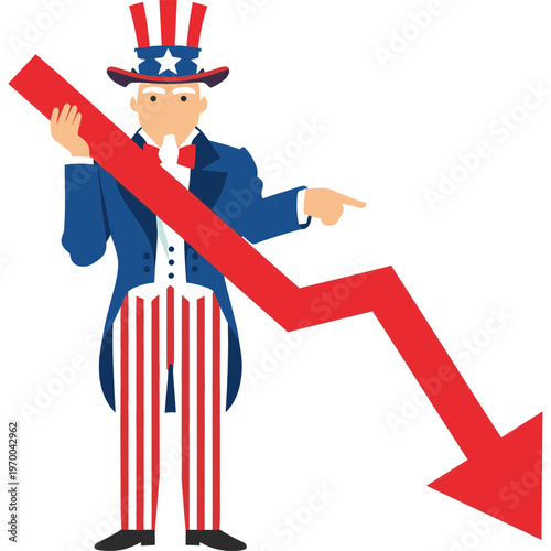 An illustration of Uncle Sam pointing at a falling red arrow graph.