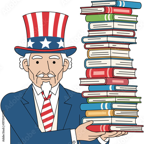 An elderly man in a patriotic outfit holds a tall stack of colorful books.