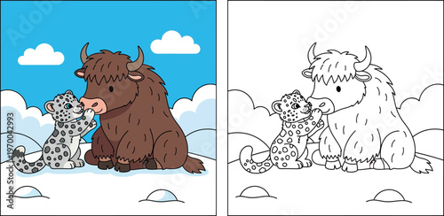 Cute cartoon snow leopard cub and brown yak friends playing together in winter snow vector illustration, adorable wild animals interaction for children book or nursery design