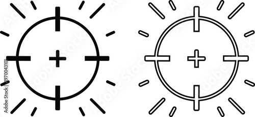 Gun pistol revolver bullet target icon set collection group in black flat and line style vector illustration, shooting aim crosshair ammunition symbol pack, weapon firearm design bundle