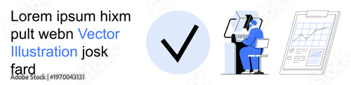 Digital services, business approval, data analysis, verification tools, modern technology, workflow management. Features checkmark, person at a computer and a data chart. Business approval and data