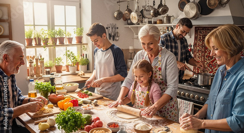 Family preparing food together in cozy kitchen with fresh ingredients  
