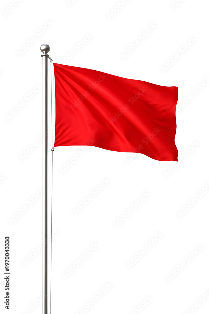 Fototapeta premium Red Flag on Pole Isolated on White Background, Waving Fabric Banner Minimal Concept