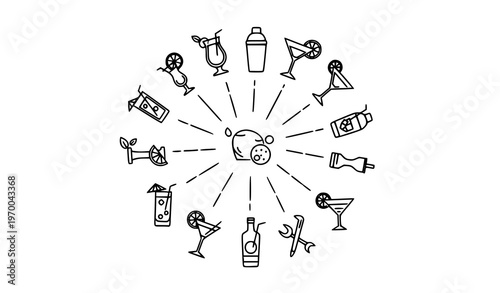 Cocktail Drink Icons Radial Layout Thin Line Editable Stroke Bar Vector Set