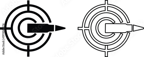 Gun pistol revolver bullet target icon set collection group in black flat and line style vector illustration, shooting aim crosshair ammunition symbol pack, weapon firearm design bundle