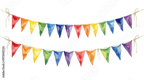 Colorful watercolor bunting flags strung on twine for festive decoration