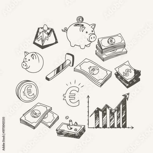 Collection of financial doodle icons illustrating money, savings, banking, currency exchange, and investment growth concepts in a sketch-style design