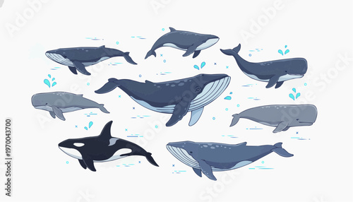 A vibrant vector illustration showcasing diverse majestic ocean whales, featuring humpbacks, sperm whales, and an orca, gracefully swimming in a serene aquatic environment