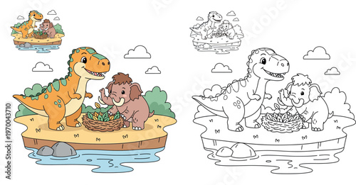 Cute cartoon dinosaur T-Rex and woolly mammoth friends near a nest. Happy prehistoric animal characters vector illustration for kids education isolated on white background.