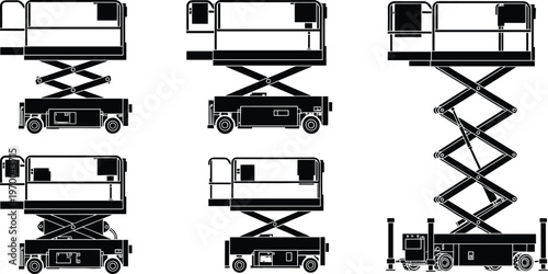 Scissor lift platform silhouettes set, aerial work equipment construction maintenance hydraulic lifting machine vector illustration design