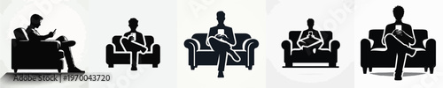 Vector silhouette of person using smartphone on sofa