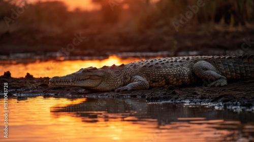 Nile crocodile resting by water at sunset