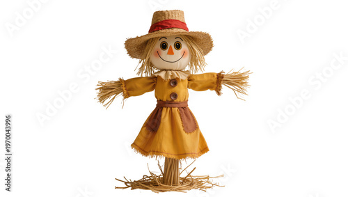 Tableau sur toile Rustic straw scarecrow wearing a wide brim hat, holding twig arms