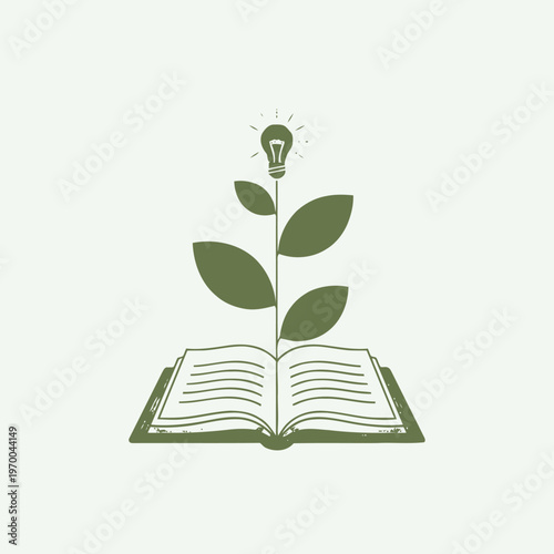An inspiring icon of academic growth and intellectual development, depicting a bright lightbulb plant flourishing from an open book. Represents the power of knowledge, learning, and new ideas