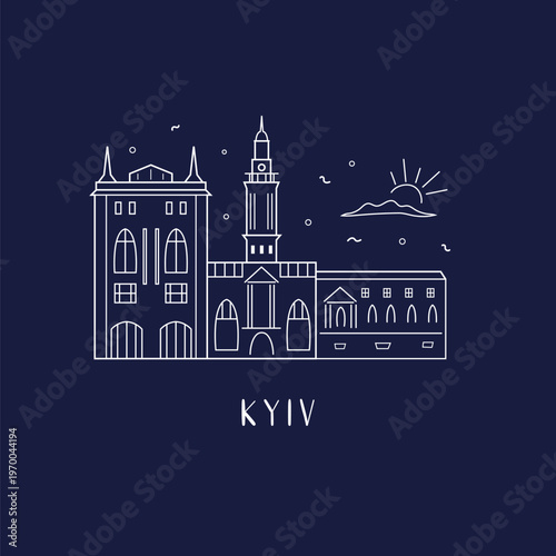 Kyiv landmarks skyline in line style vector illustration, greeting card.