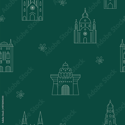 Kyiv seamless pattern with famous buildings, landmarks.