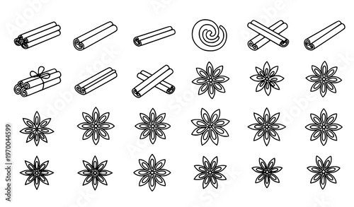 Cinnamon and Star Anise Outline Icons Set Spice Cooking Baking Vector Collection Editable Stroke