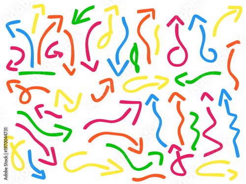 Hand drawn bold scribble arrows. Random colorful arrow vectors.