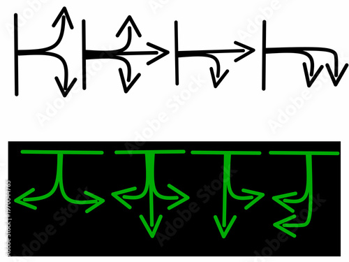 Hand drawn arrow collection. Different types of arrows facing each other. Arrow with question mark.