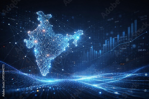 India Digital Map with Data Analytics and Financial Growth Graph Background