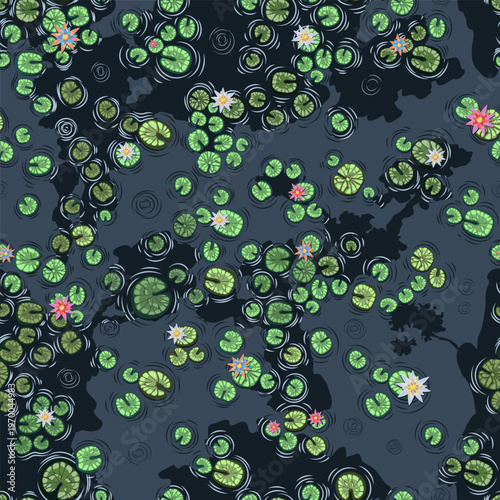 Seamless pattern of blooming water lilies and green lily pads on dark water with ripples. Zen botanical background for textile, wallpaper, and home decor. Vibrant nature illustration.