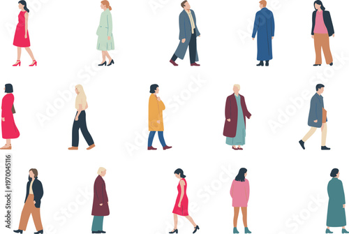 Flat illustration of people walking, side view characters, modern outfits, urban fashion style, diverse individuals, casual clothing, minimalist design elements