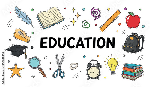 Education text surrounded by school supplies on white