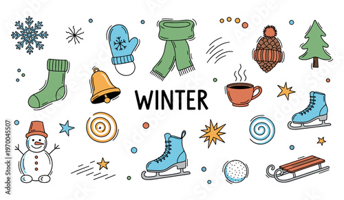 Winter accessories scattered around text on white background