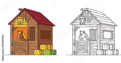 Horse in Stable Cartoon Illustration with Coloring Page Version, Farm Barn with Pony, Lantern and Hay Bales, Kids Educational Activity Vector Graphic for Coloring Book Isolated on White