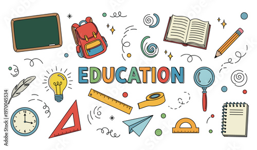 Education school supplies scattered around classroom learning layout