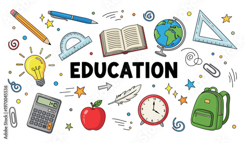 Education icons arranged around word on white background