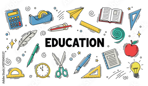 Education school supplies arranged around central text on white