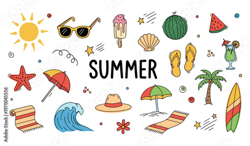 Summer icons scattered with beach elements and tropical motifs