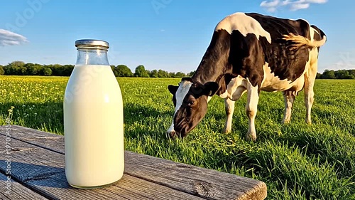 Glass bottle of milk on wooden table with cow grazing in green field animation.