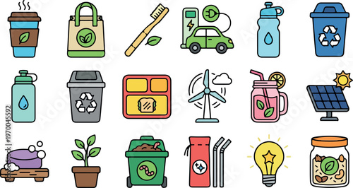 Eco friendly lifestyle icons for sustainable living and environmental conservation