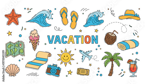Vacation icons scattered across summer themed white background