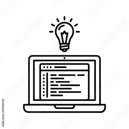 Laptop with code on screen and glowing lightbulb above, symbolizing programming and innovation