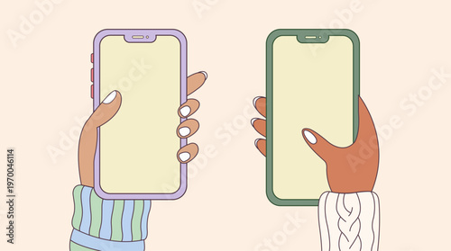 Vector illustration of two hands holding a cell phone vertically