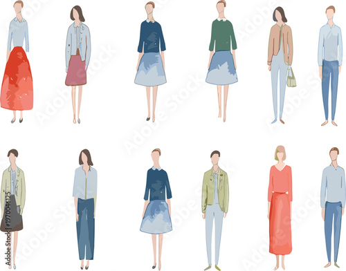 Modern fashion illustration of men and women, casual outfit designs, trendy style, flat design figures, minimalist art, contemporary clothing