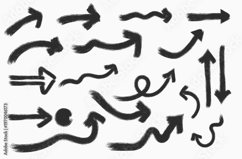 Collection of black brushstroke arrows and curved lines on a white background