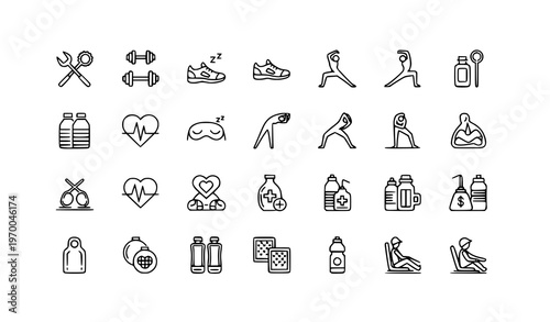 Minimal Fitness Health Icons Thin Line Editable Stroke Sport Exercise UI Vector Pack