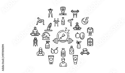 Healthy Lifestyle and Fitness Icons Radial Layout Thin Line Editable Stroke Wellness Vector Set