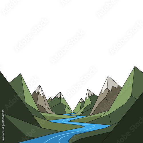 A serene mountain landscape with a winding river flowing through green valleys and surrounded by rugged peaks.