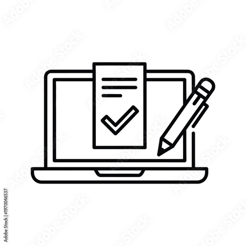 Laptop screen displaying a checklist with a checkmark, and a pen nearby, representing task completion.