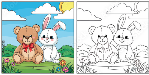 Cute cartoon teddy bear with red bow and white rabbit friend sitting in a sunny garden. Happy animal toys vector illustration for kids and nursery design.