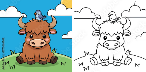 Cute cartoon yak sitting on green grass with a little blue bird friend on its head. Happy highland cow animal mascot vector illustration for kids isolated on nature background.