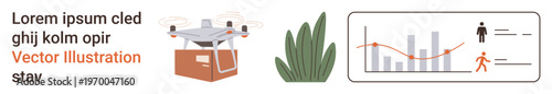 Logistics, data analysis, tech advancements, delivery solutions, progress tracking, business growth. quadcopter carrying a box, plant and graphical charts. Logistics and data analysis concept