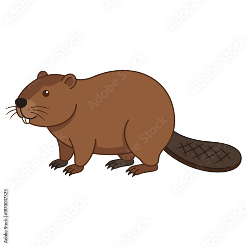 A cute cartoon beaver with a large, flat tail, standing upright on its hind legs and looking forward