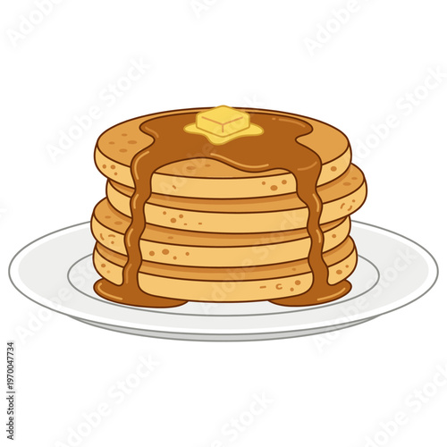 A stack of pancakes on a plate, drizzled with syrup and a pat of butter. A delicious breakfast is ready to be served.