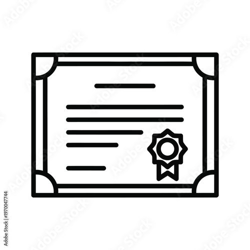Certificate of achievement icon: diploma with seal and decorative corners, representing success.